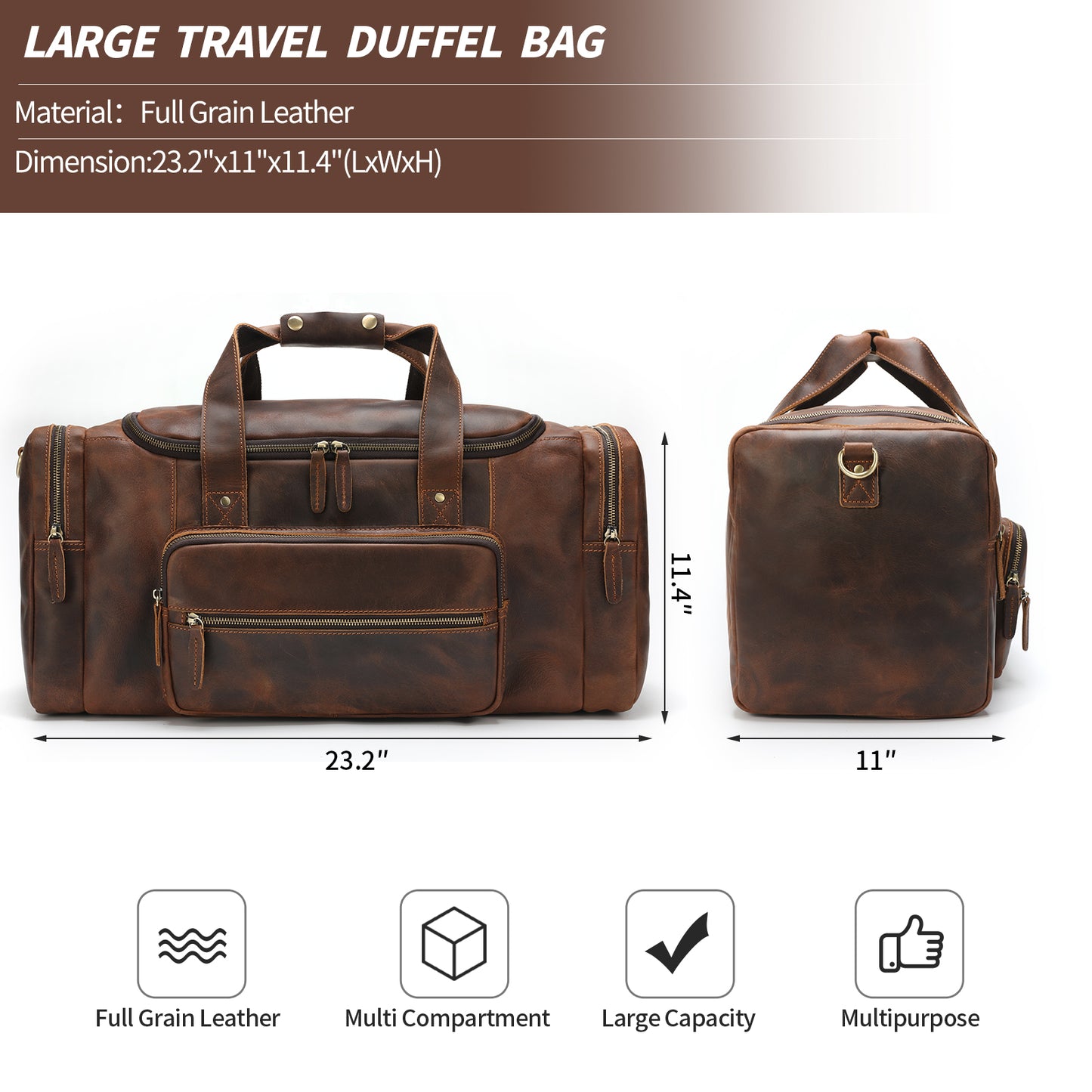 Jack&Chris 23" Full Grain Cowhide Leather Travel Duffel Bags Carry On Weekender Overnight Bag for Men