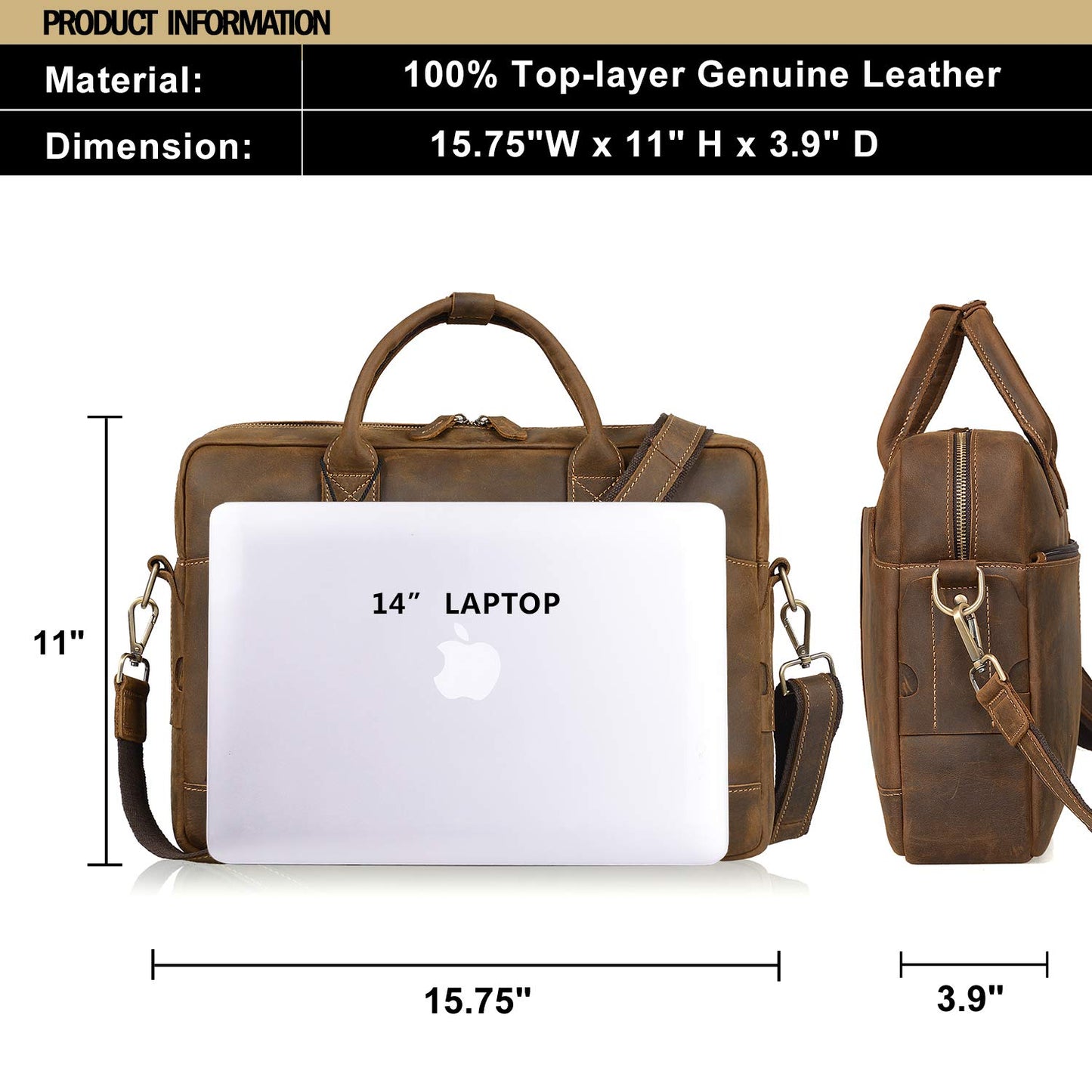 Jack&Chris Leather Messenger Bag for Men, Brown Leather Briefcase Mens Vintage 14 inch Leather Laptop Bag Computer School Distressed Bag