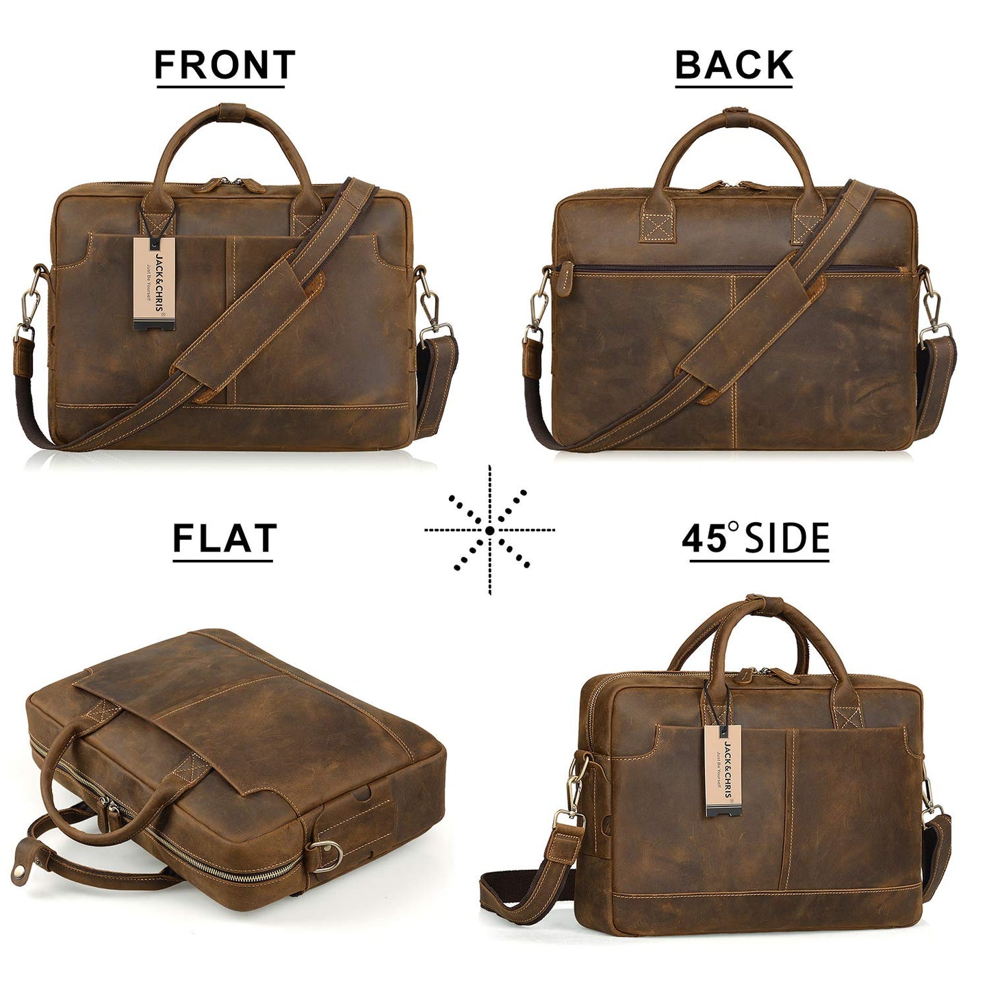 Jack&Chris Leather Messenger Bag for Men, Brown Leather Briefcase Mens Vintage 14 inch Leather Laptop Bag Computer School Distressed Bag